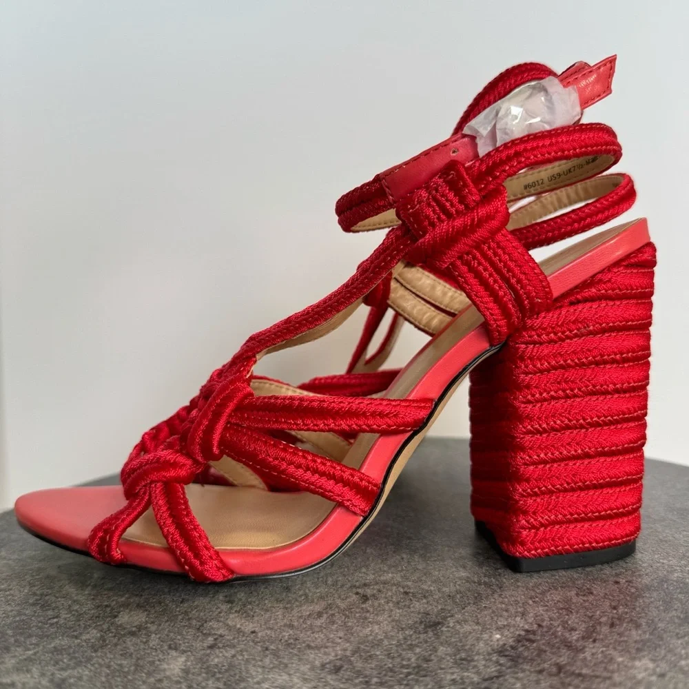 CAbi Red Tiptoe Tope Sandals Block Heels 9